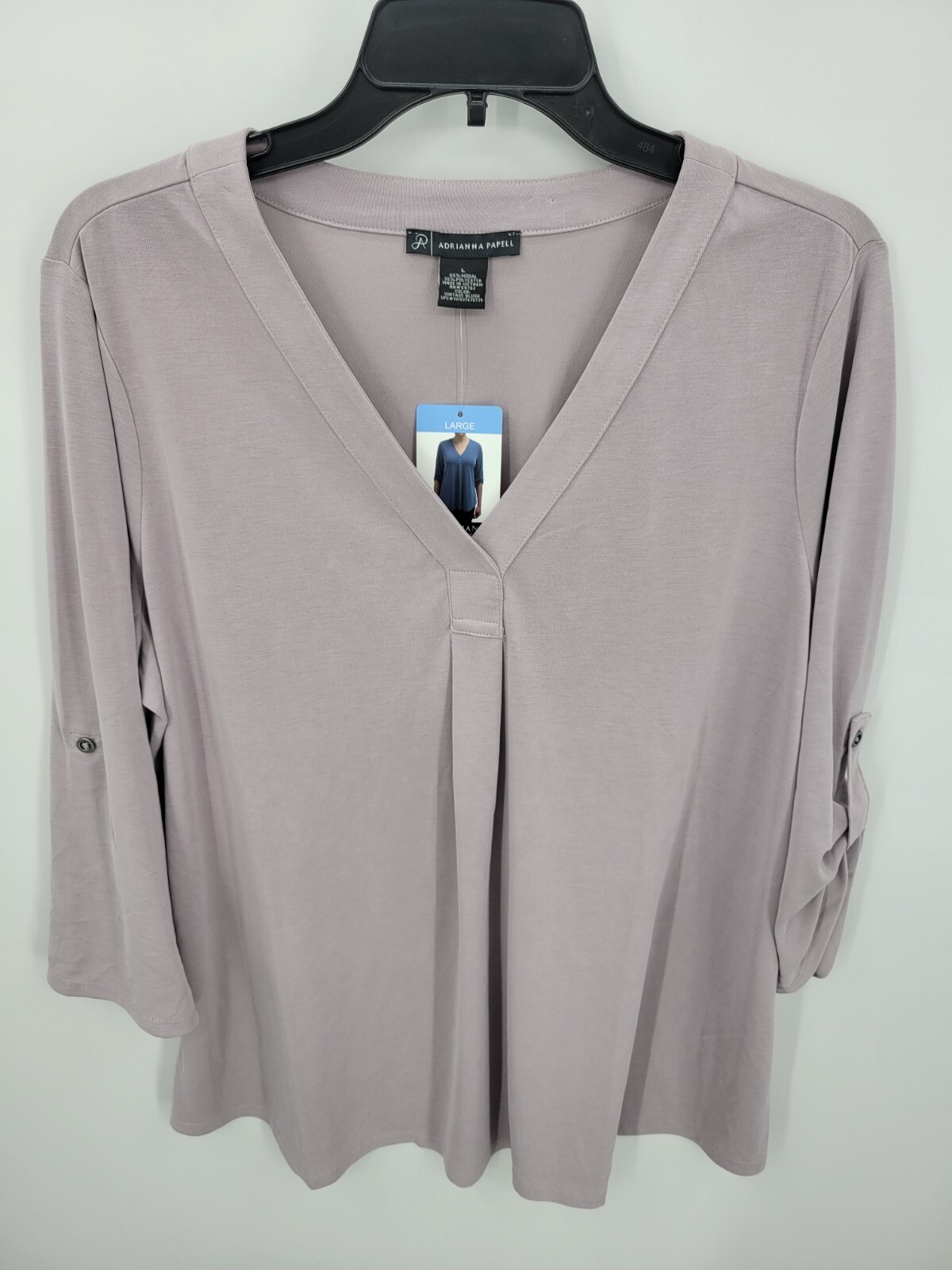 Adrianna Papell Top Womens Large Light Purple Sueded Tab Sleeve V Neck Pullover