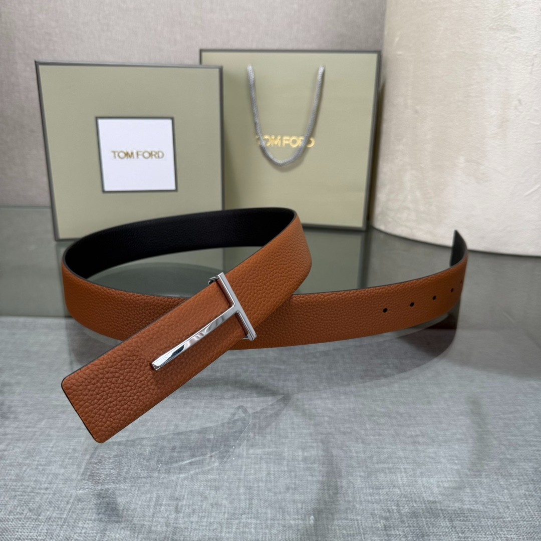 Tom Ford Belt T-Buckle Reversible Brown/Black Calfskin Leather Belt