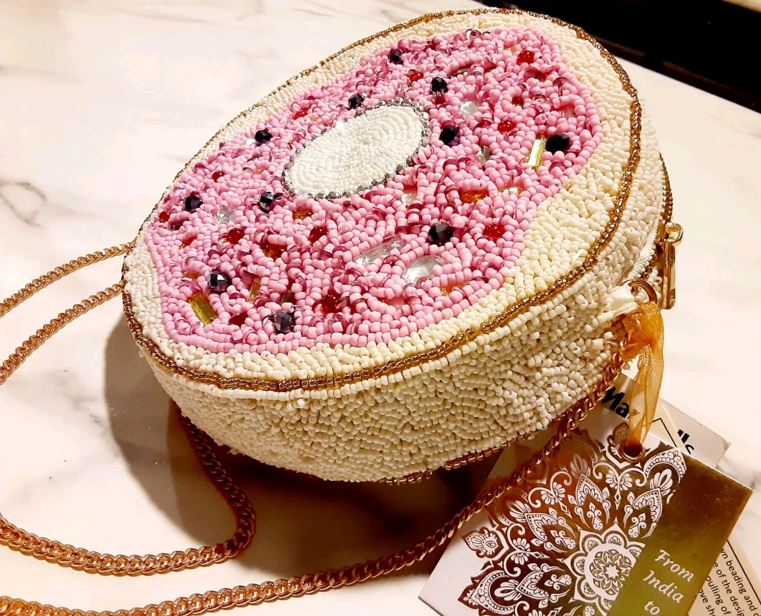 VIRAL Pink Donut Beaded Crossbody Bag Made in India Beaded Purse Gold Chain
