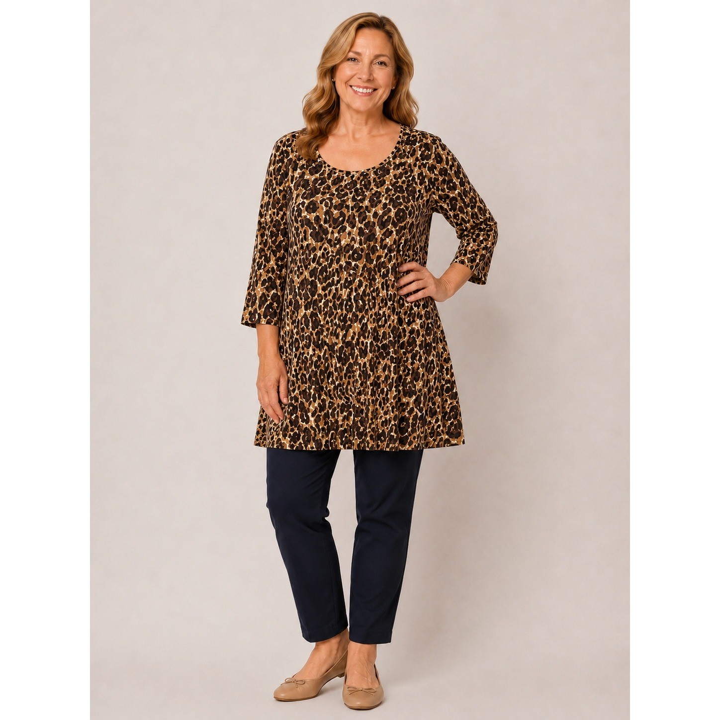 Susan Graver Liquid Knit Animal Print Tunic Top Brown 2X Leopard Scoop neck