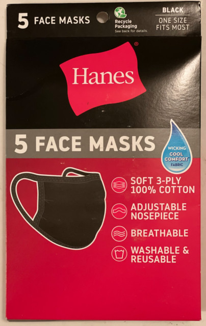 5 Pack Hanes Face Masks – Black Cotton Reusable Cover Face mask Cloth Facemask