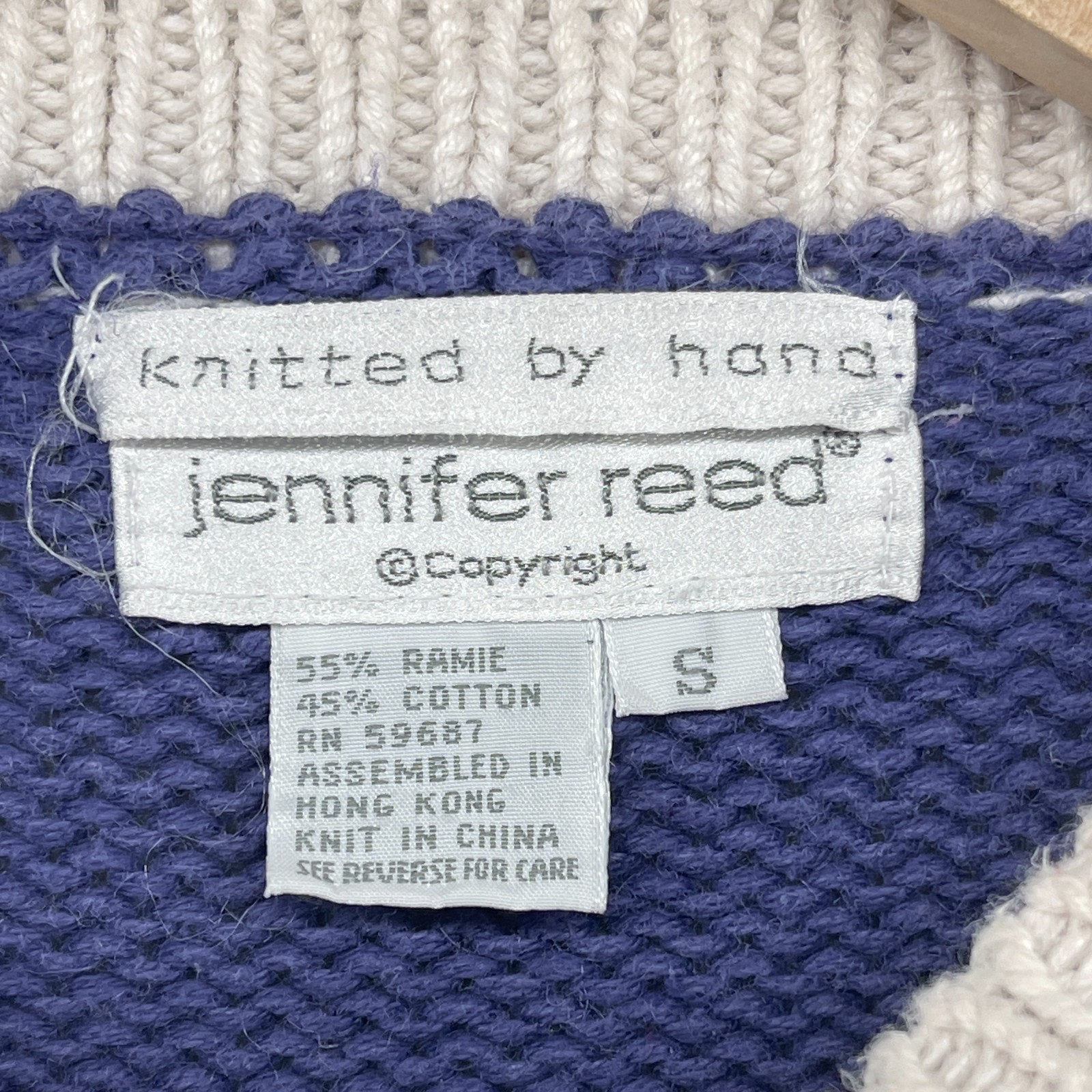 JENNIFER REED Sweater S Cottagecore Floral 80s Handknit Ramie Cotton Blue HK VTG