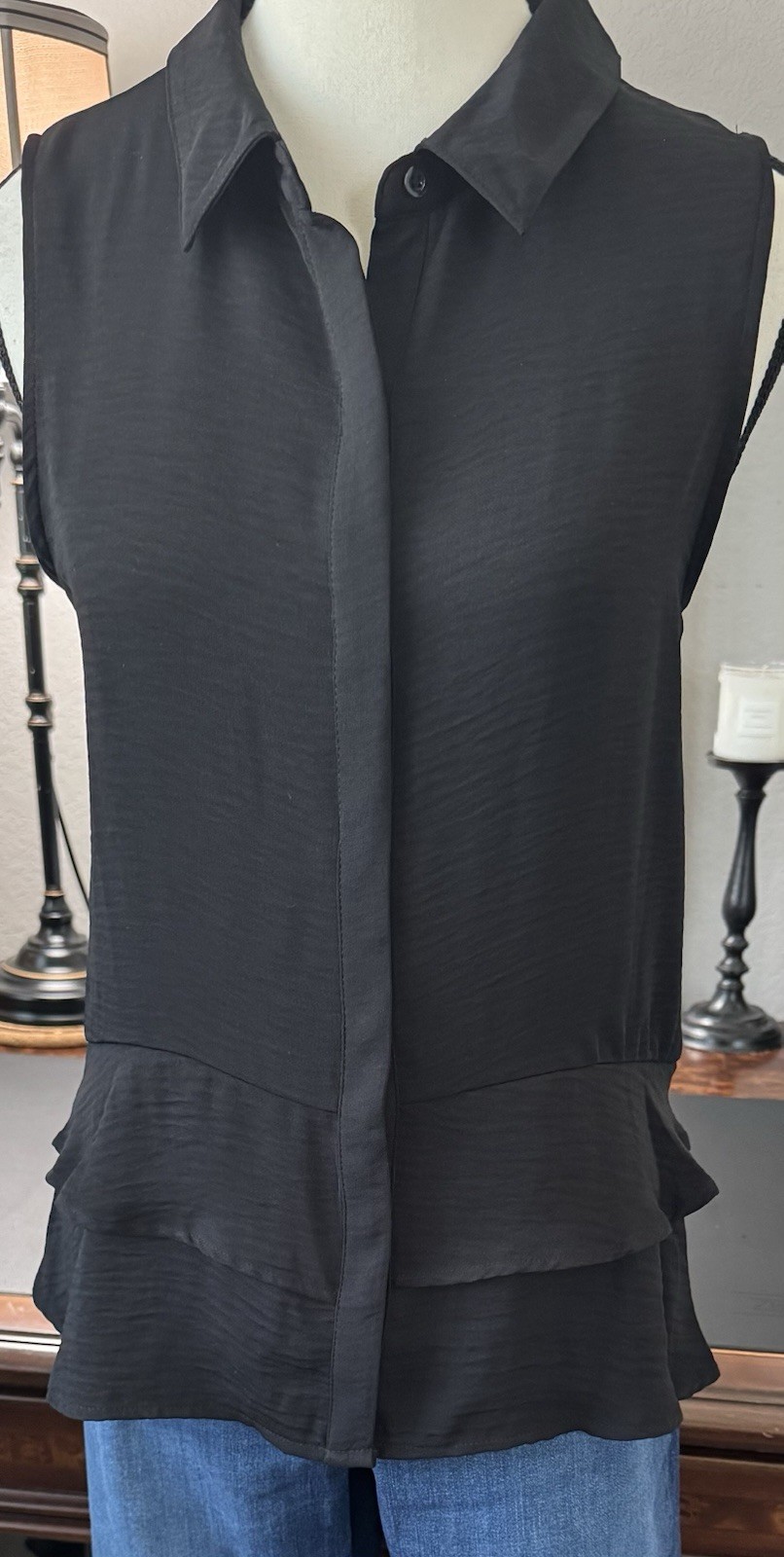 Women’s Large Button Down Blouse ~ Ruffled Waist ~ Eco Friendly Poly ~ New!