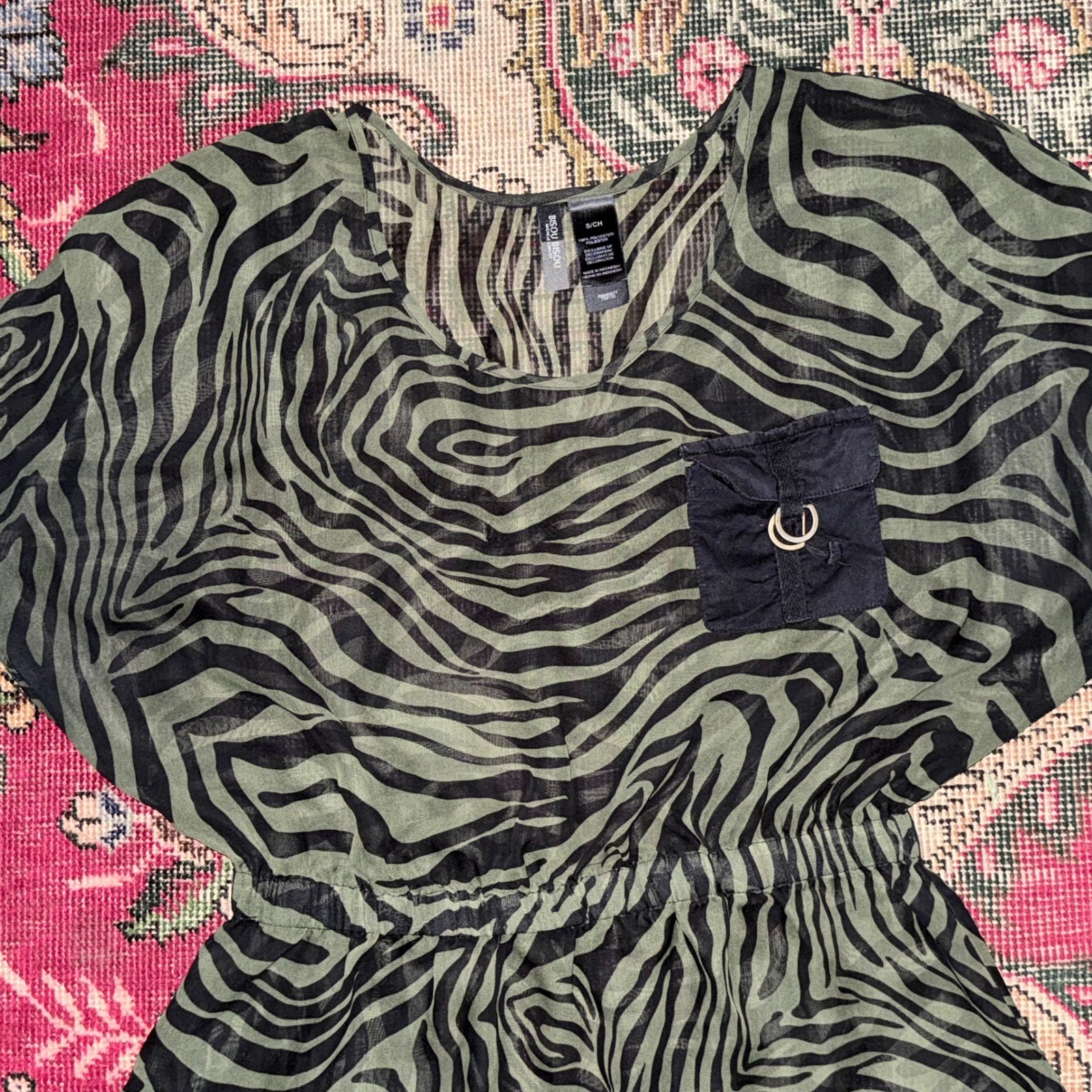 Bison Bisou Zebra Print Blouse Womens S Green Sheer Elastic Waist Utility Pocket