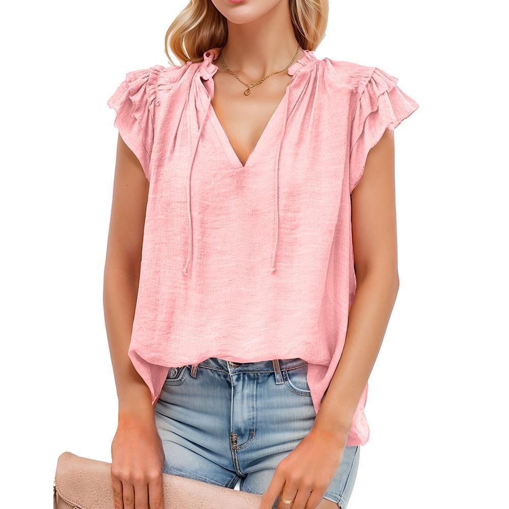 Women’s Casual V Neck Tops Drawstring Short Sleeve T Shirt Blouses