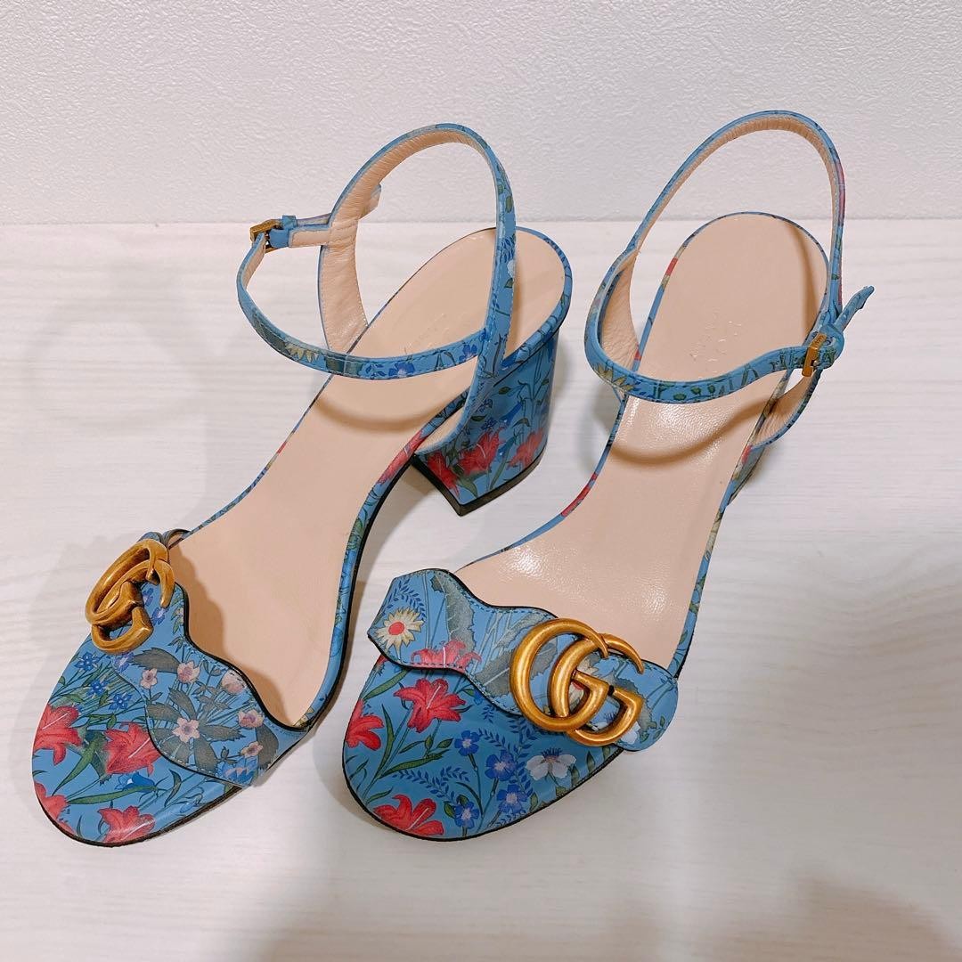 Used Gucci Flora Sandals Size 36 Blue Heel Height 7.1-10cm