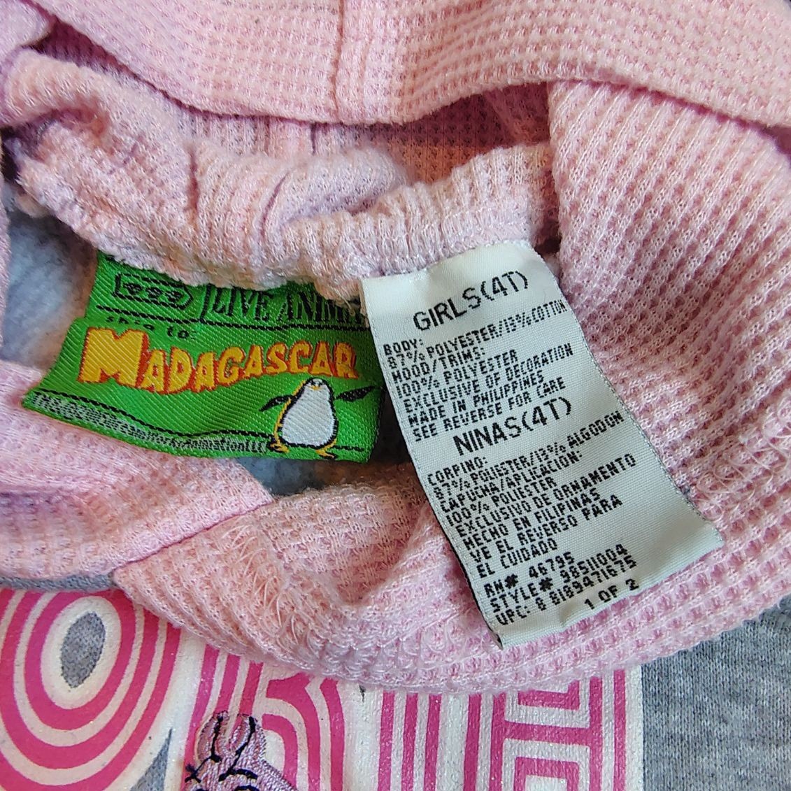Y2K Madagascar Gloria Hippo Hoodie Toddler Girls 4T Waffle Hood Cuffs Gray Pink