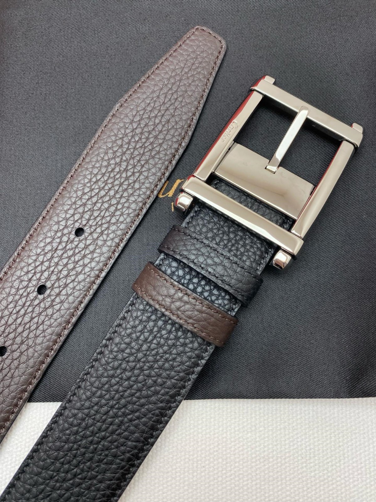 Cartier Black and brown double-sided cowhide men’s Lead colored buckle belt