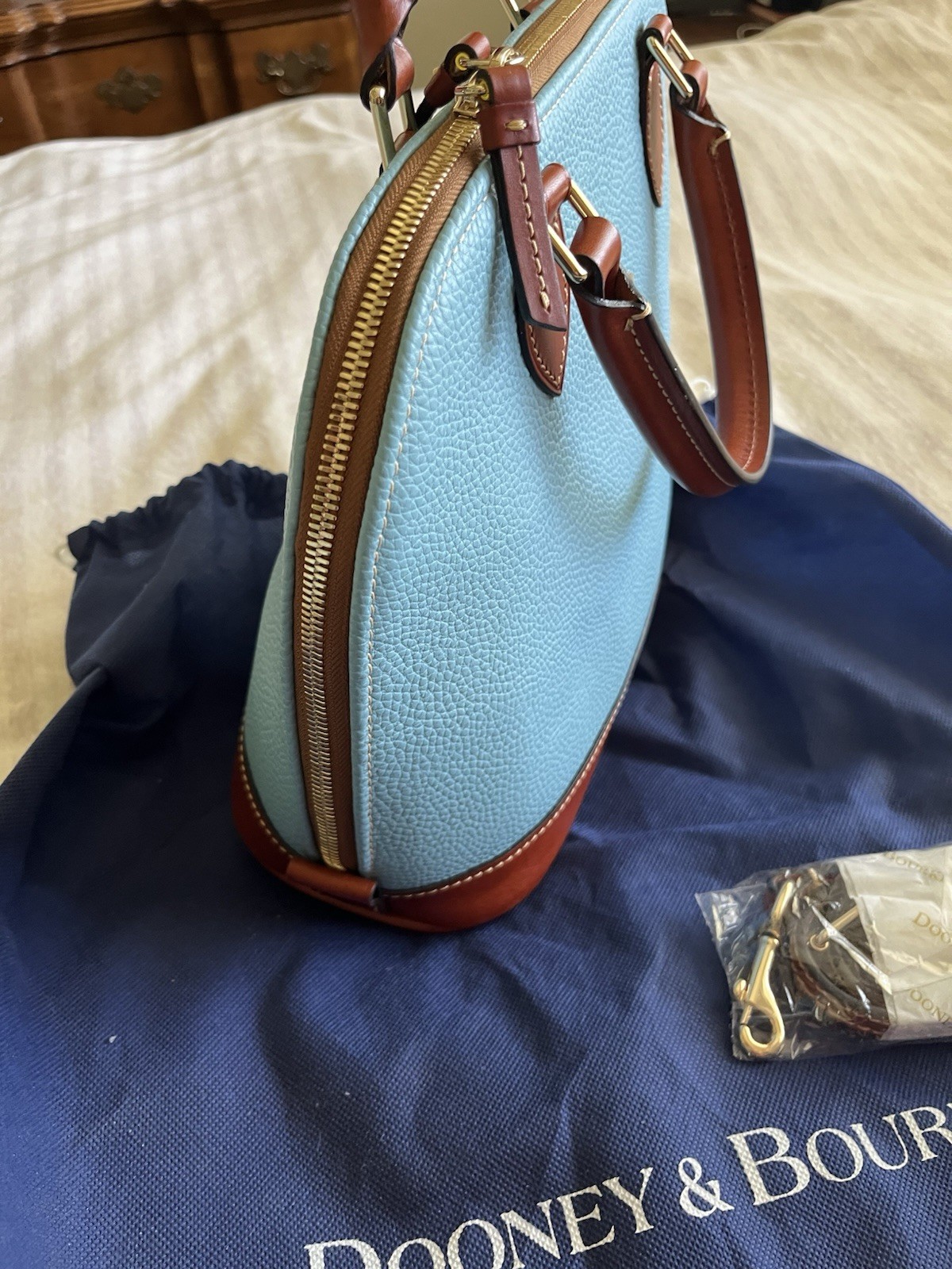 Dooney & Bourke Pebbled Dome Med Satchel Zip Blue/Brown Strap Dust Bag Gold HW