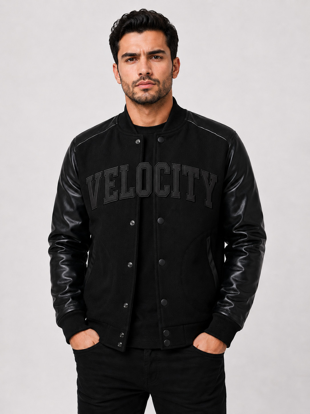 Men’s Black Varsity Jacket Letterman Bomber Coat Custom VELOCITY XS-5XL
