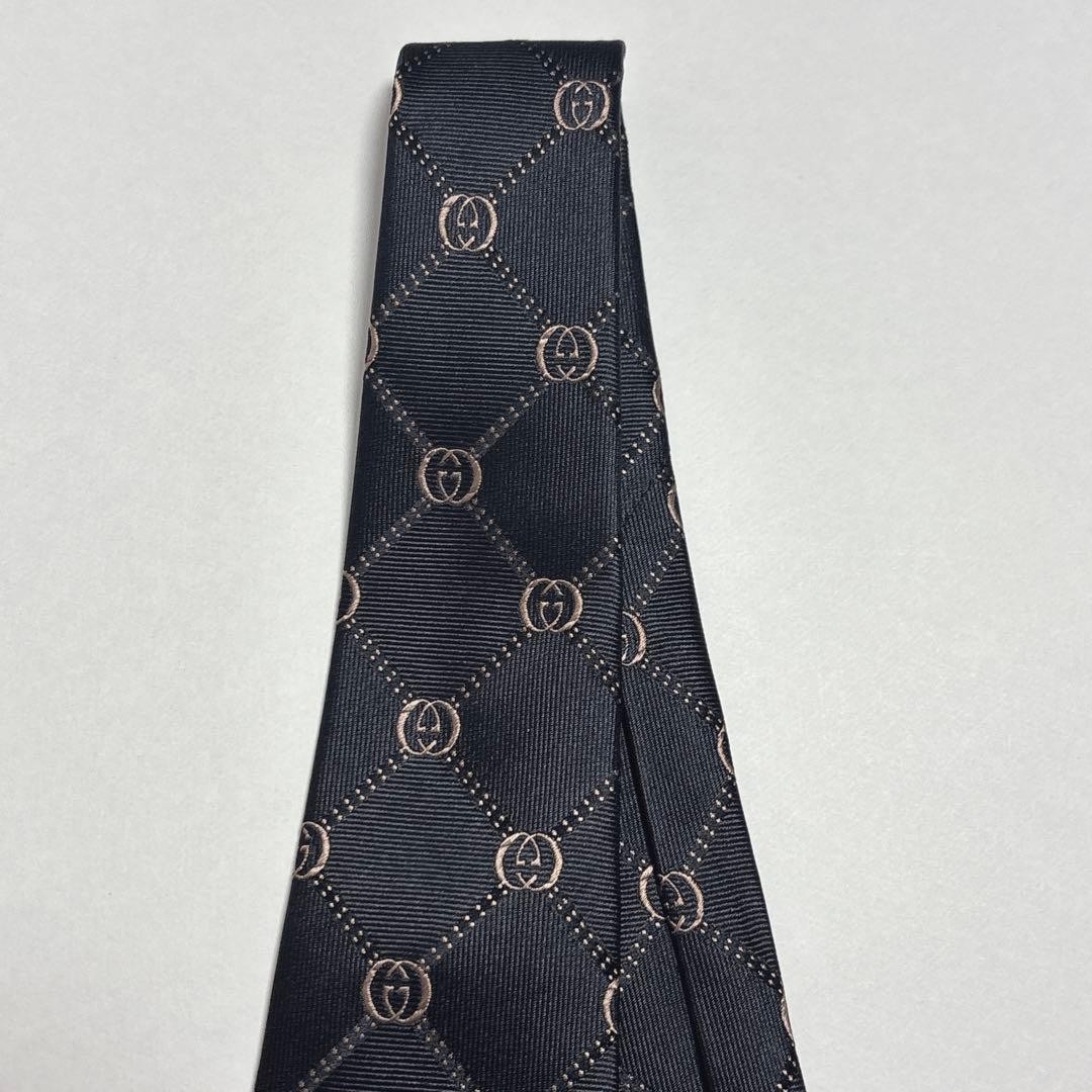 GUCCI Silk Tie 9.7cm GG Logo Embroidered Interlocking Check Black Brown
