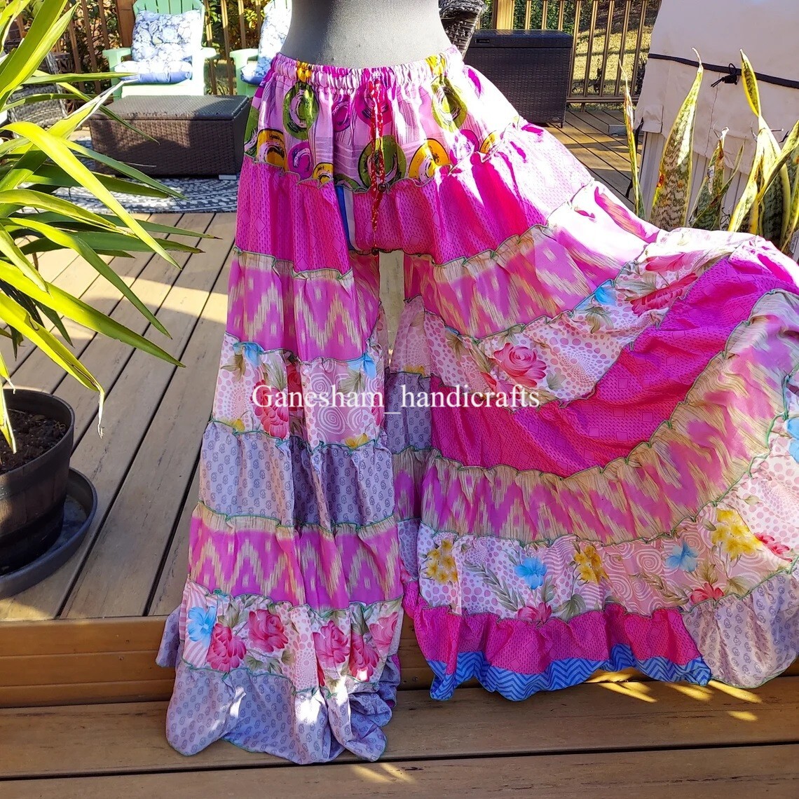 1 Pcs OF Indian Vintage Sari Printed Boho Gypsy Wide-Leg Palazzo Pants Trousers