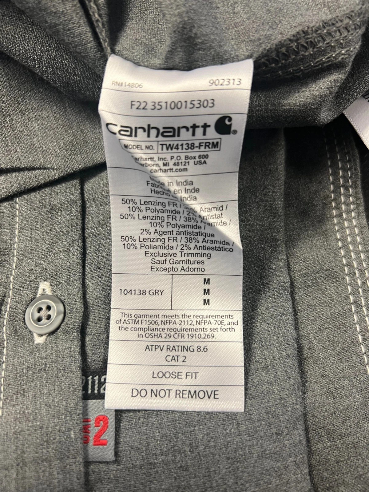 Carhartt FR Men’s Grey Shirt Flame Resistant Long Sleeve Lightweight (S01)