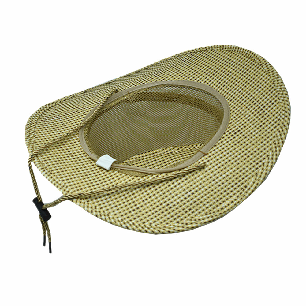 Mens Summer Bucket Cap Cowboy Panama Fedora Paper Straw Hat Wide Brim Mesh Top