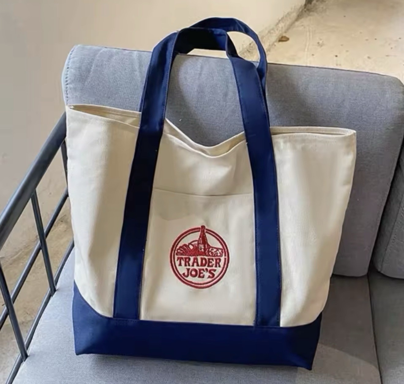 Trader Joes 3 Piece Large Tote Bags Green, Dark Blue, Pastel Purple Eco Friendly