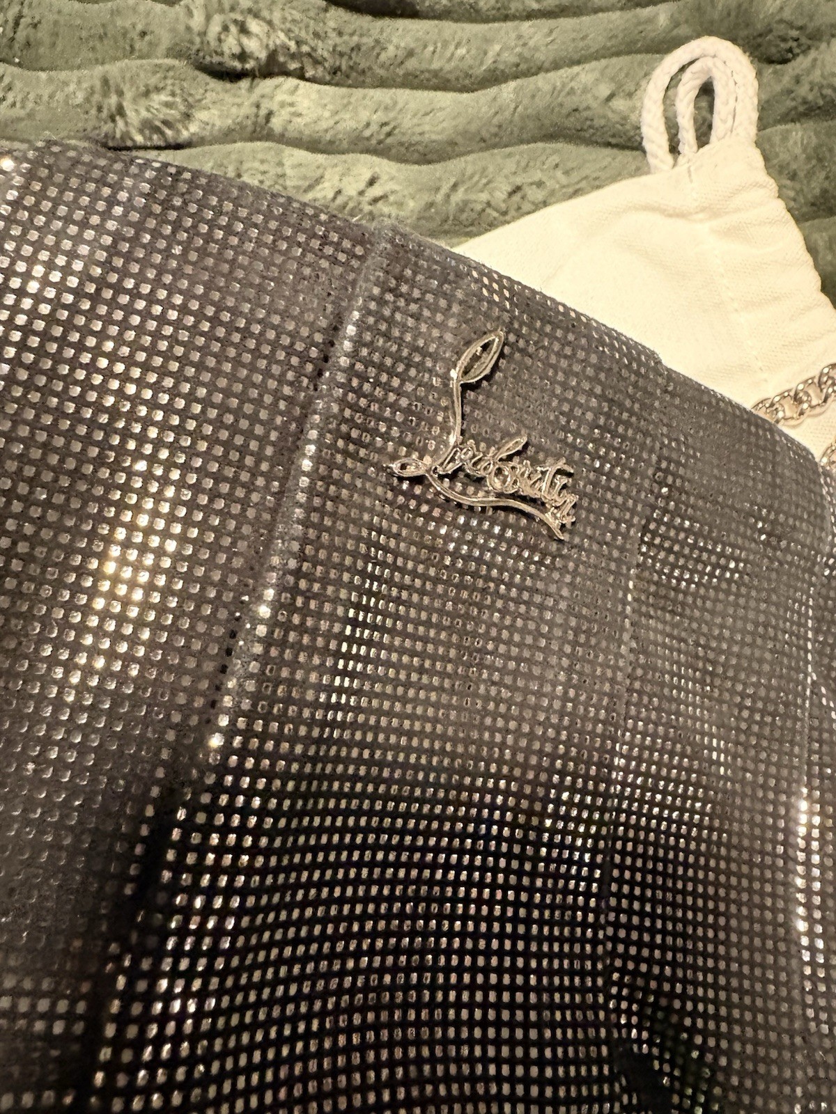 Christian Louboutin Black Sparkle Zip Clutch Red Lining Chain Strap Dust Bag