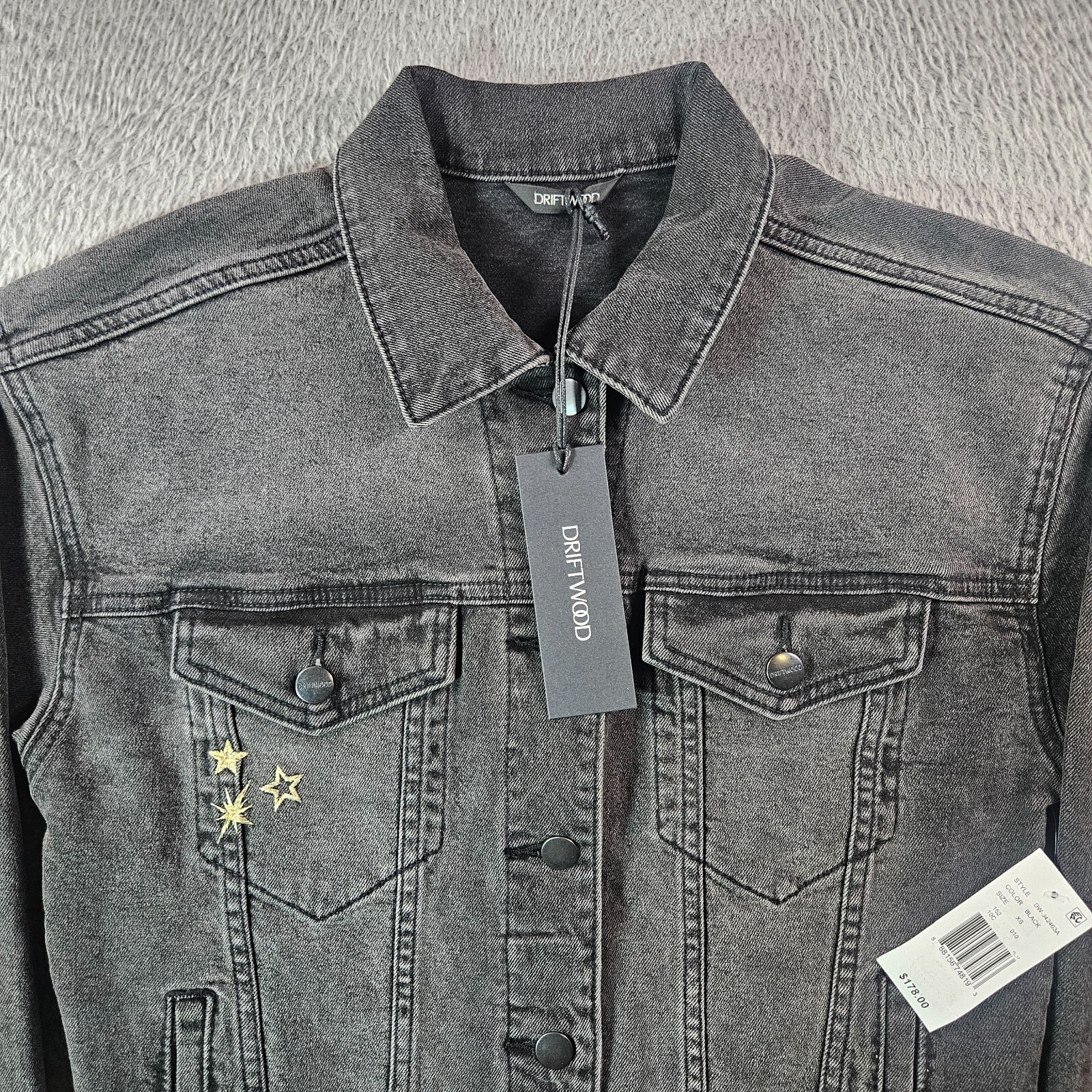 $178 NWT Driftwood Denim Jacket Women XS Studded Gold Star Embroidered Black