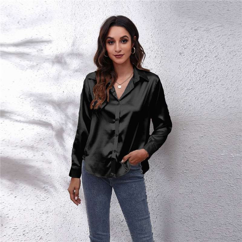 Women’s Shirts Satin Silk Lapel Long Sleeve Button Blouse Top Office Ladies