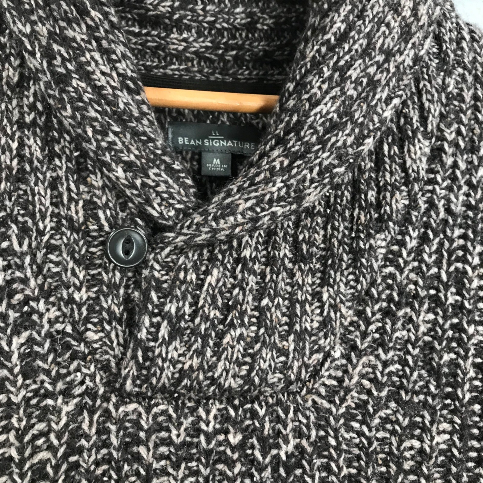 LL Bean Signature Shawl Collar Sweater Marled Brown LambsWool Mens M Fisherman