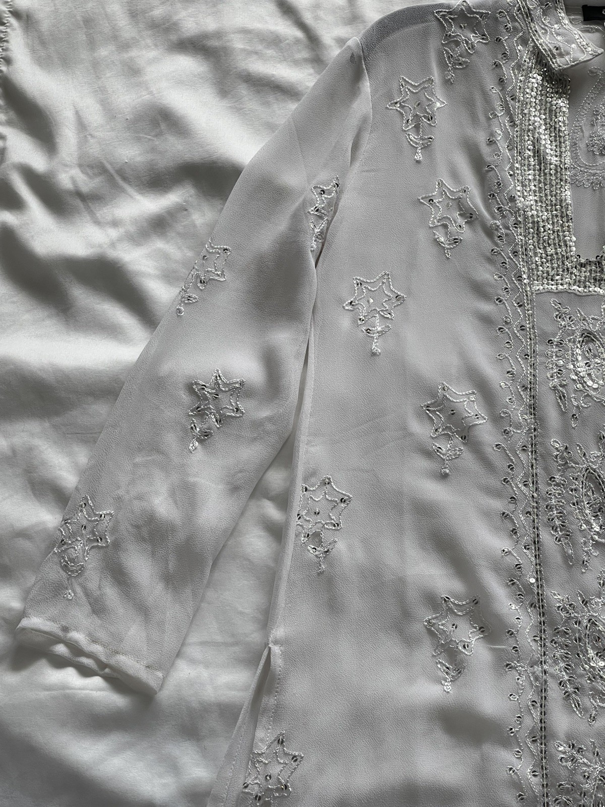 Tokyo Denim Beaded Embroidered Sheer White Floral Silver Sequin Dress M Size