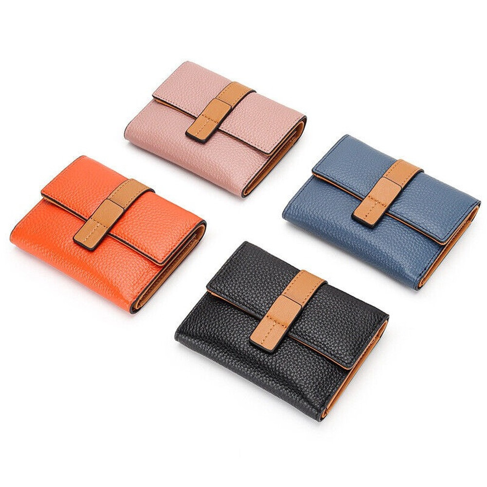 Women Trifold RFID Blocking Genuine Leather Wallet Hasp Card Holder Mini Handbag