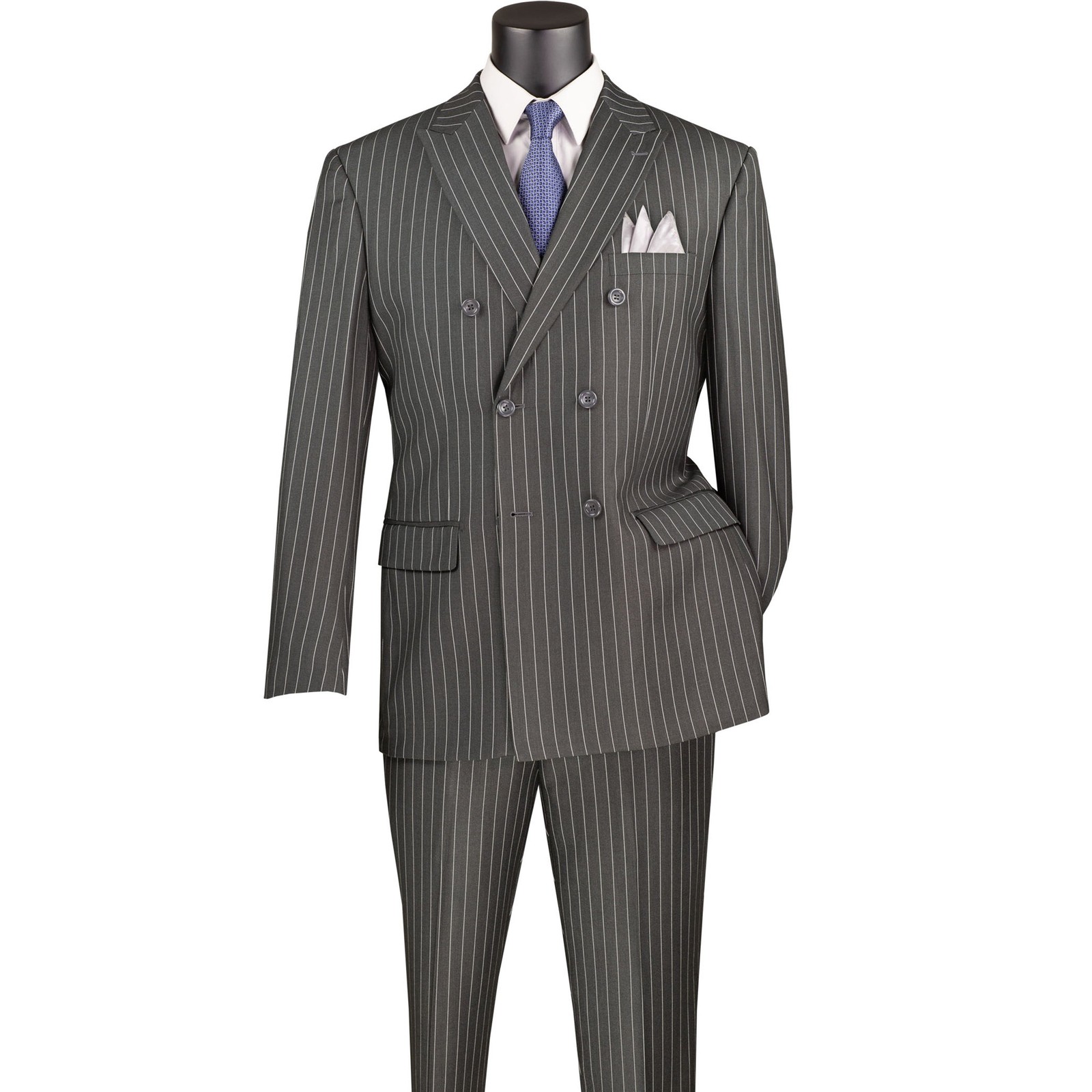 VINCI Men’s Charcoal Pinstripe Double-Breasted Reg-Fit Suit w/ Adj Waist – NEW