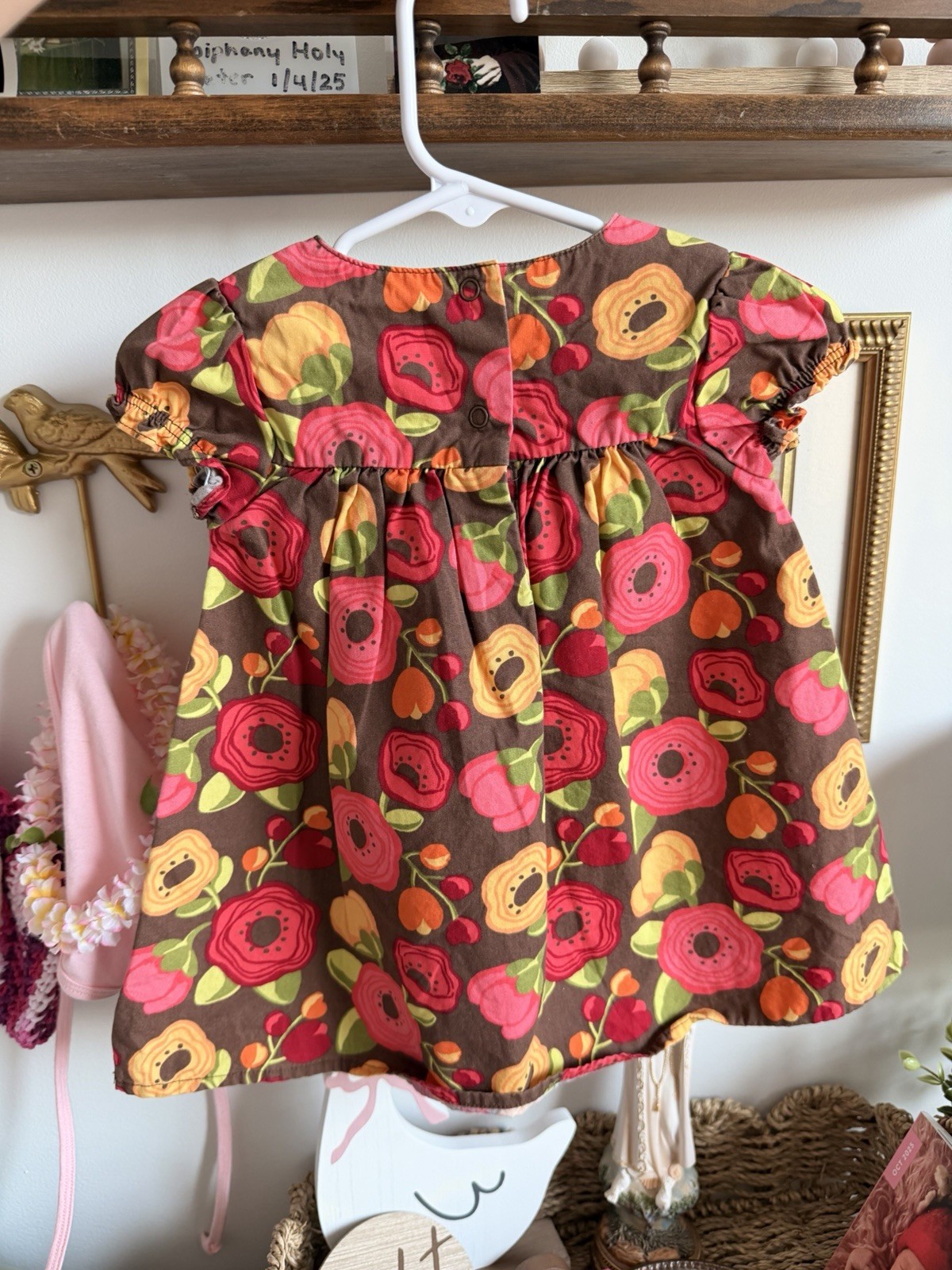Gymboree 9-12M Girls Floral A-Line Knee Dress Puff Sleeve Button Ruffle Bow