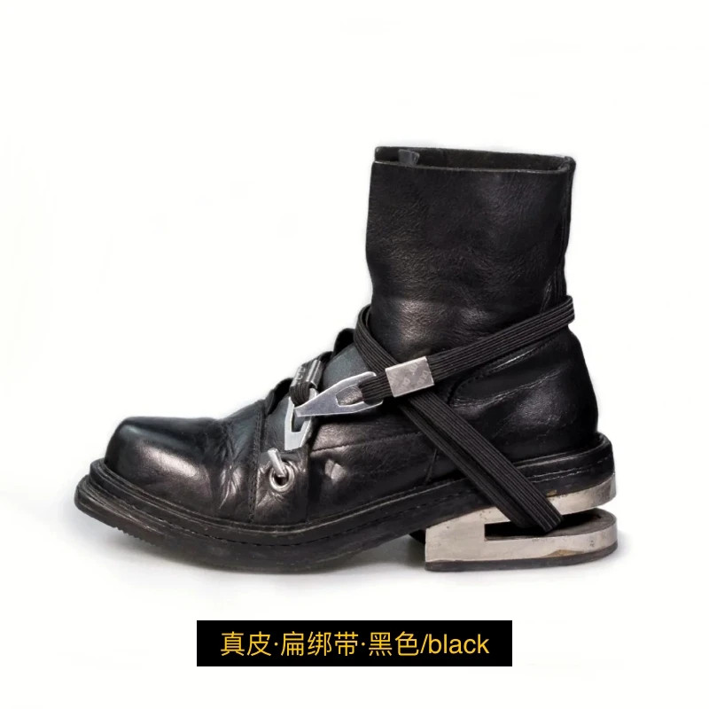 Men’s Motorcycle Boots Metal Chunky Heel Mid-Calf Round Toe Western Boots Couple