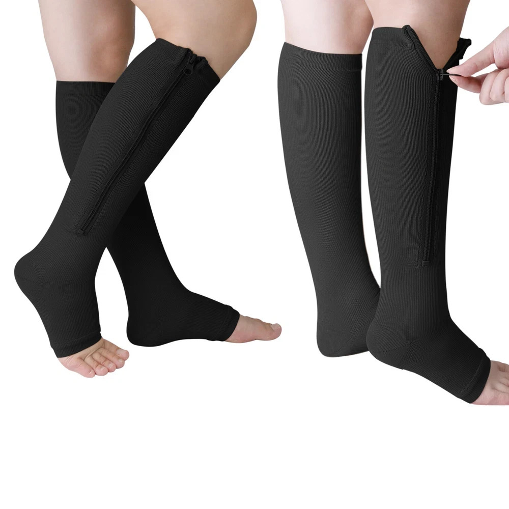 Nylon Zipper Compression Socks Support Graduated Stockings Mens Womens 20-30mmHg