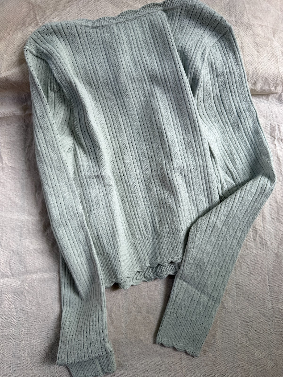 LoveShackFancy Martti Stretch Pointelle Cardigan in Eau De Nil