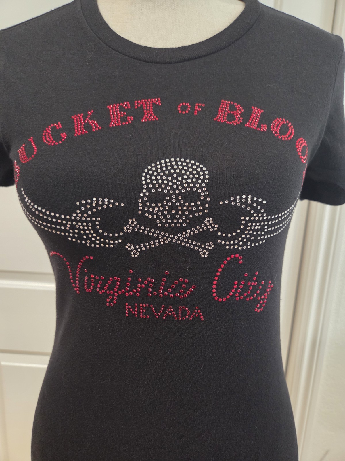 Bucket of Blood Virginia City Nevada Rhinestone Skull Graphic Tee Black