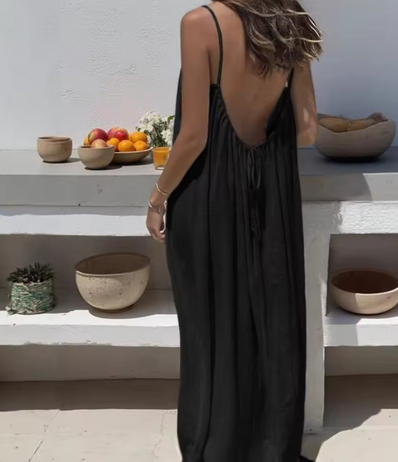 Plus Size Ladies Sleeveless Strap H‑Line Long Gown | Loose Comfortable Polyester