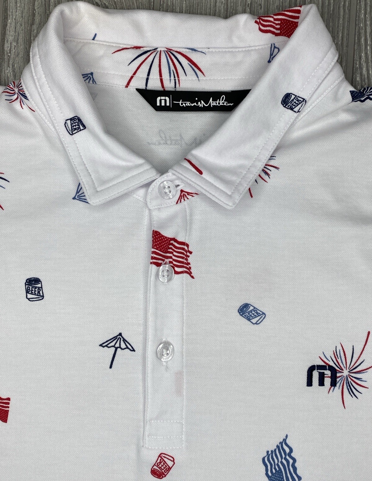Travis Mathew Patriotic Golf Polo Shirt White Fireworks Flag Print Beer Size L