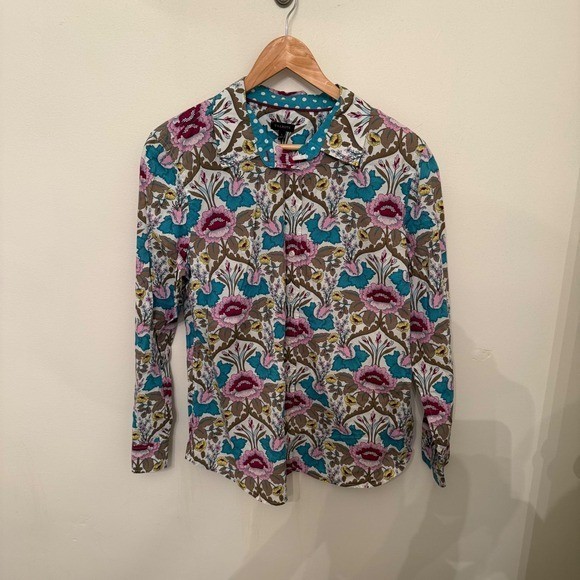 Talbots Button Down Shirt Womens L Multi Color Excellent Floral Paisley Dot Trim