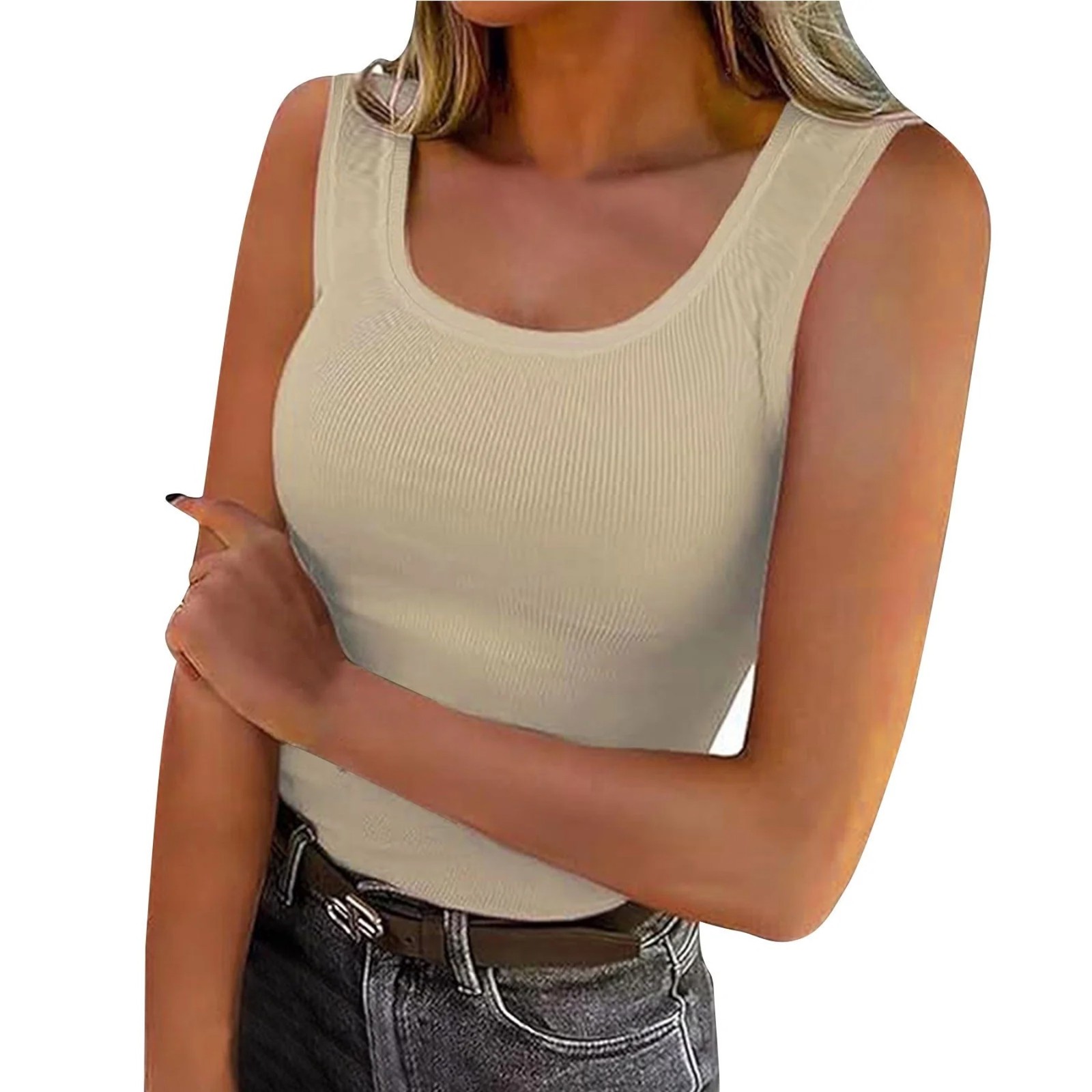 Women Tank Top Summer Round Neck Wide Straps Fitted Ribbed Knit Basic Cami Top