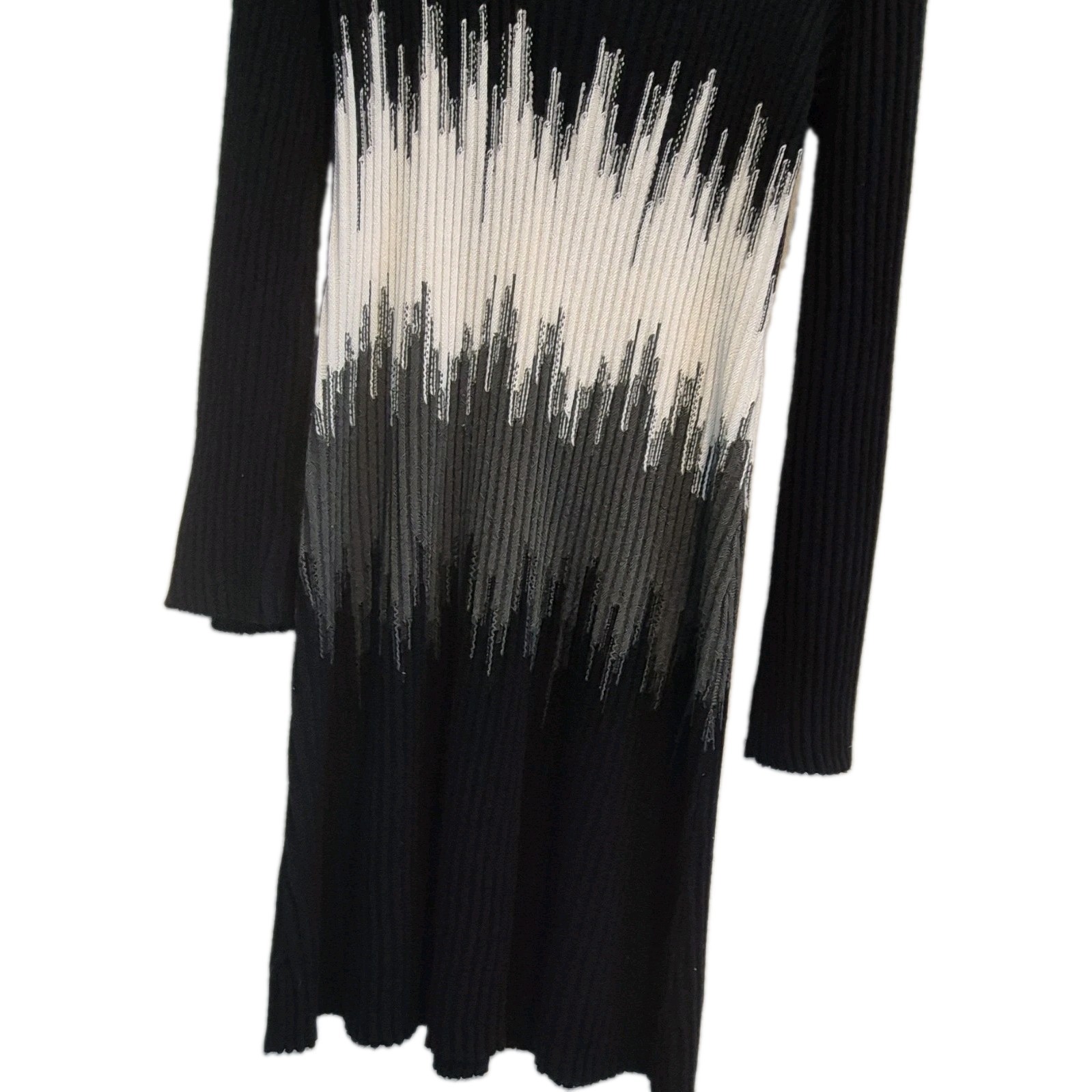 Women’s Black White Gray Abstract Ribbed Knit Cowl Neck Sweater Dress L