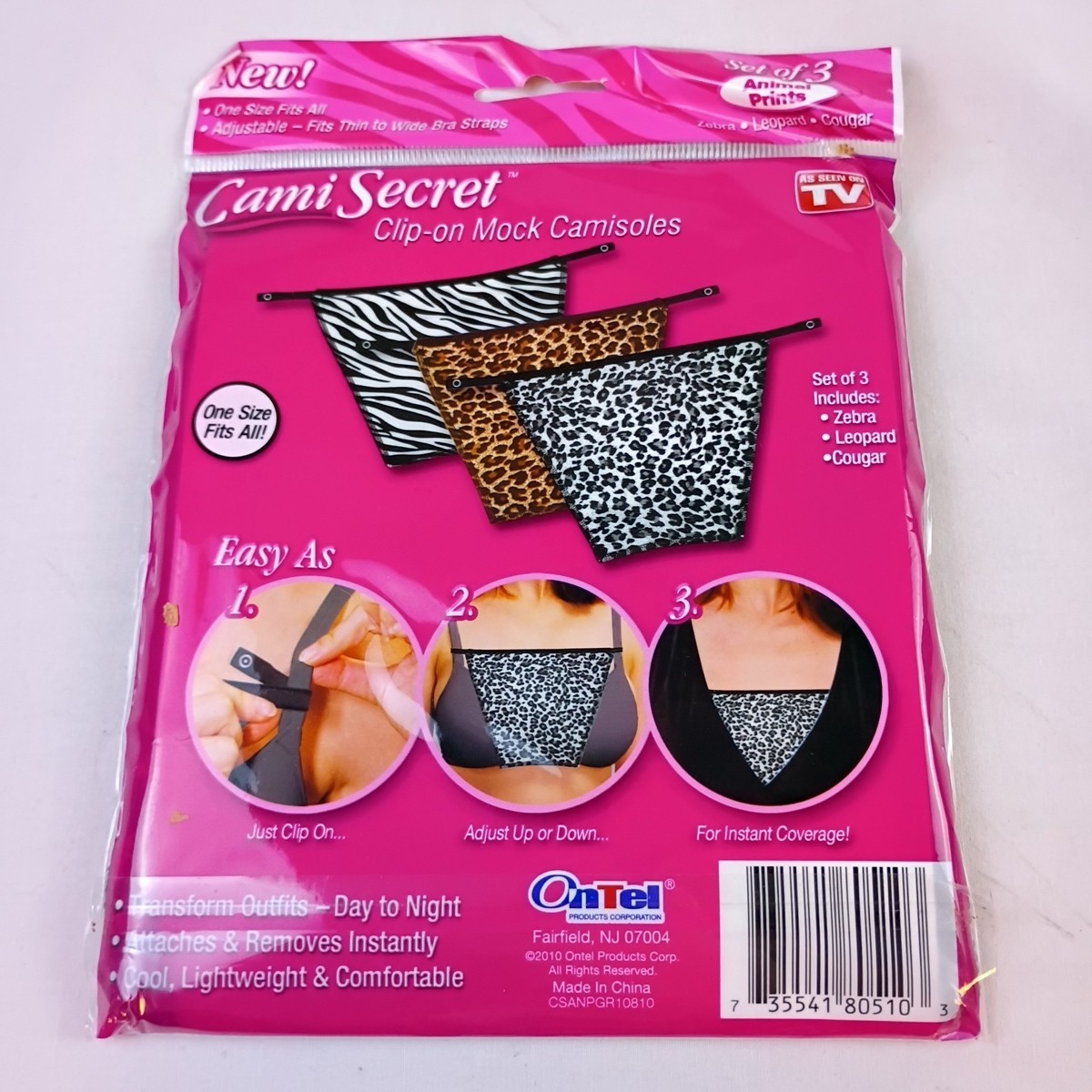 Cami Secret Clip-On Mock Camisoles Set of 3 Animal Prints Zebra, Leopard, Cougar