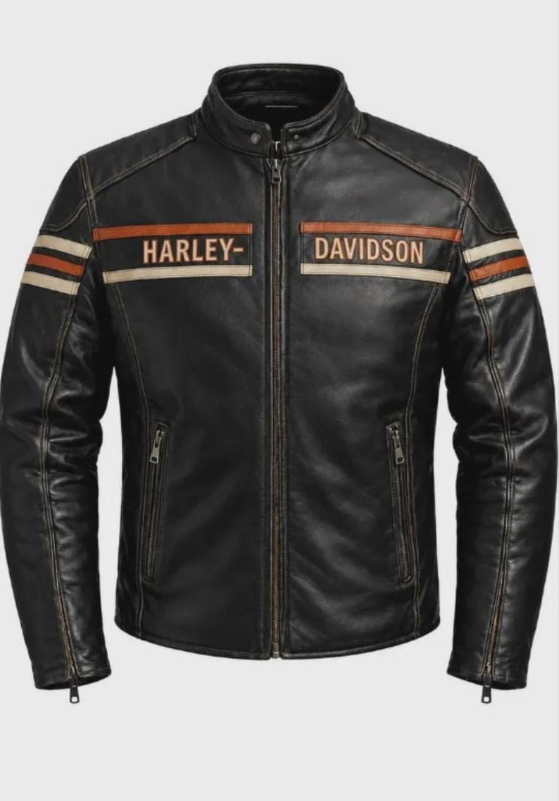 H-Davidson Men’s Black Leather Motorcycle Jacket Cowhide Biker Riding Gear