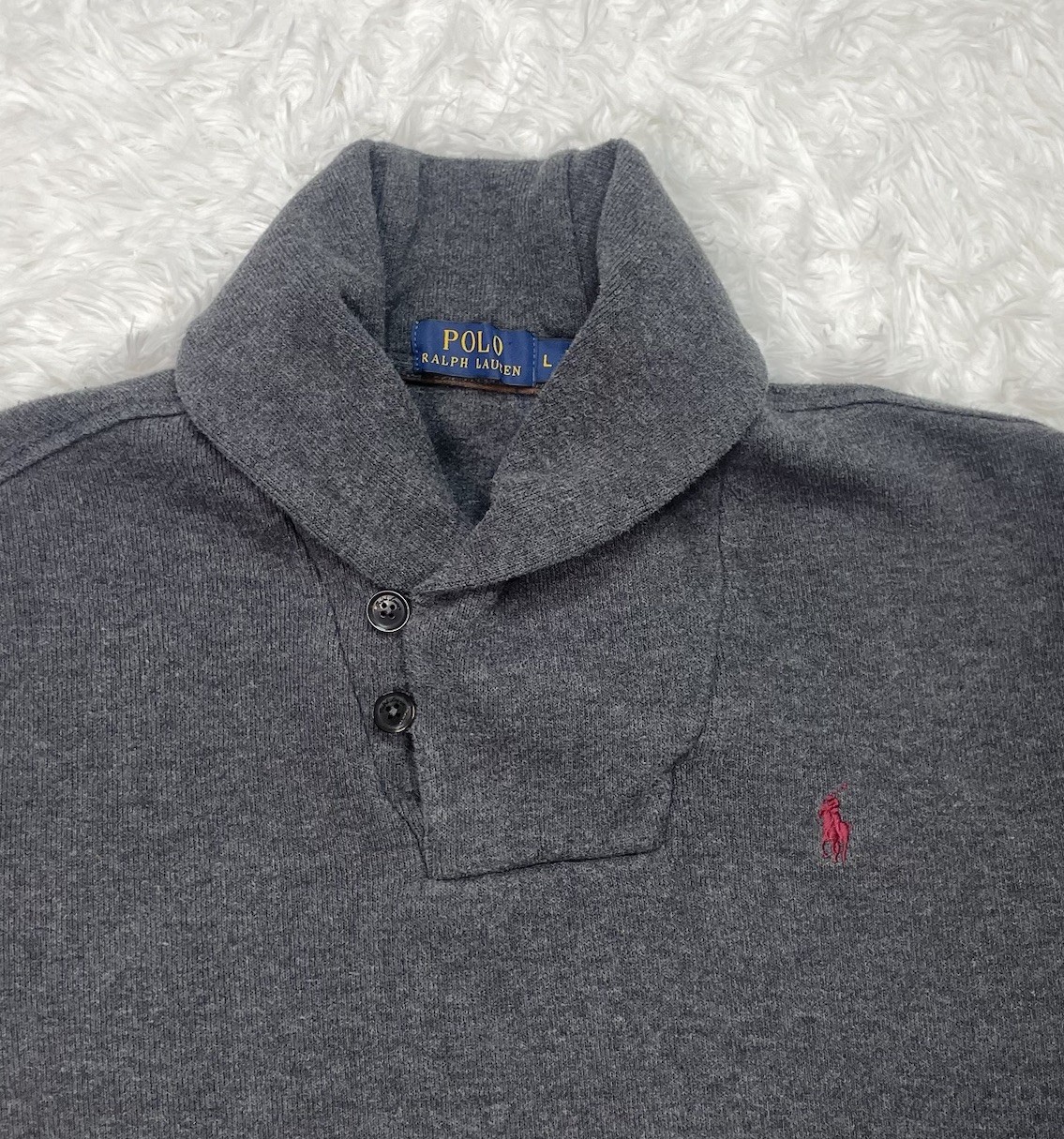 Polo Ralph Lauren Mens Size Large Shawl Neck Fisherman Sweater Gray Elbow Patch