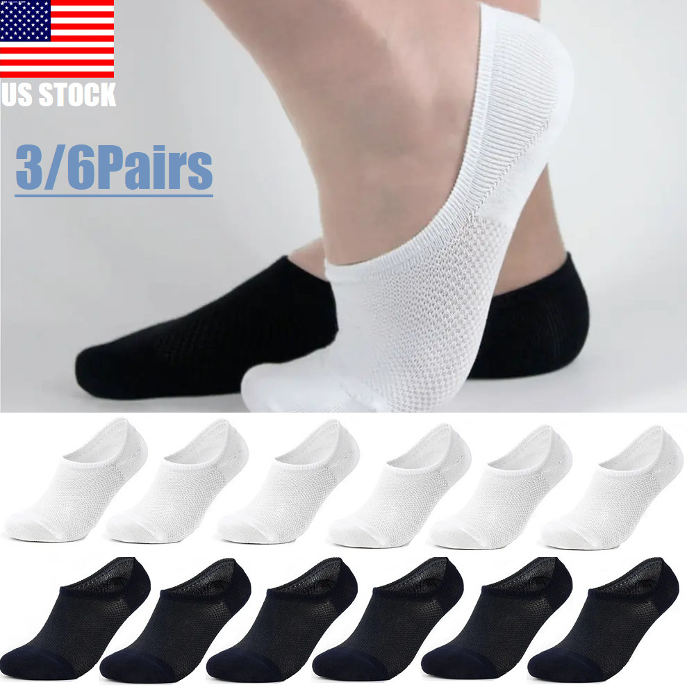 6Pairs Men Bamboo Cotton No Show Socks Low Cut Casual Sport Solid Nonslip Summer