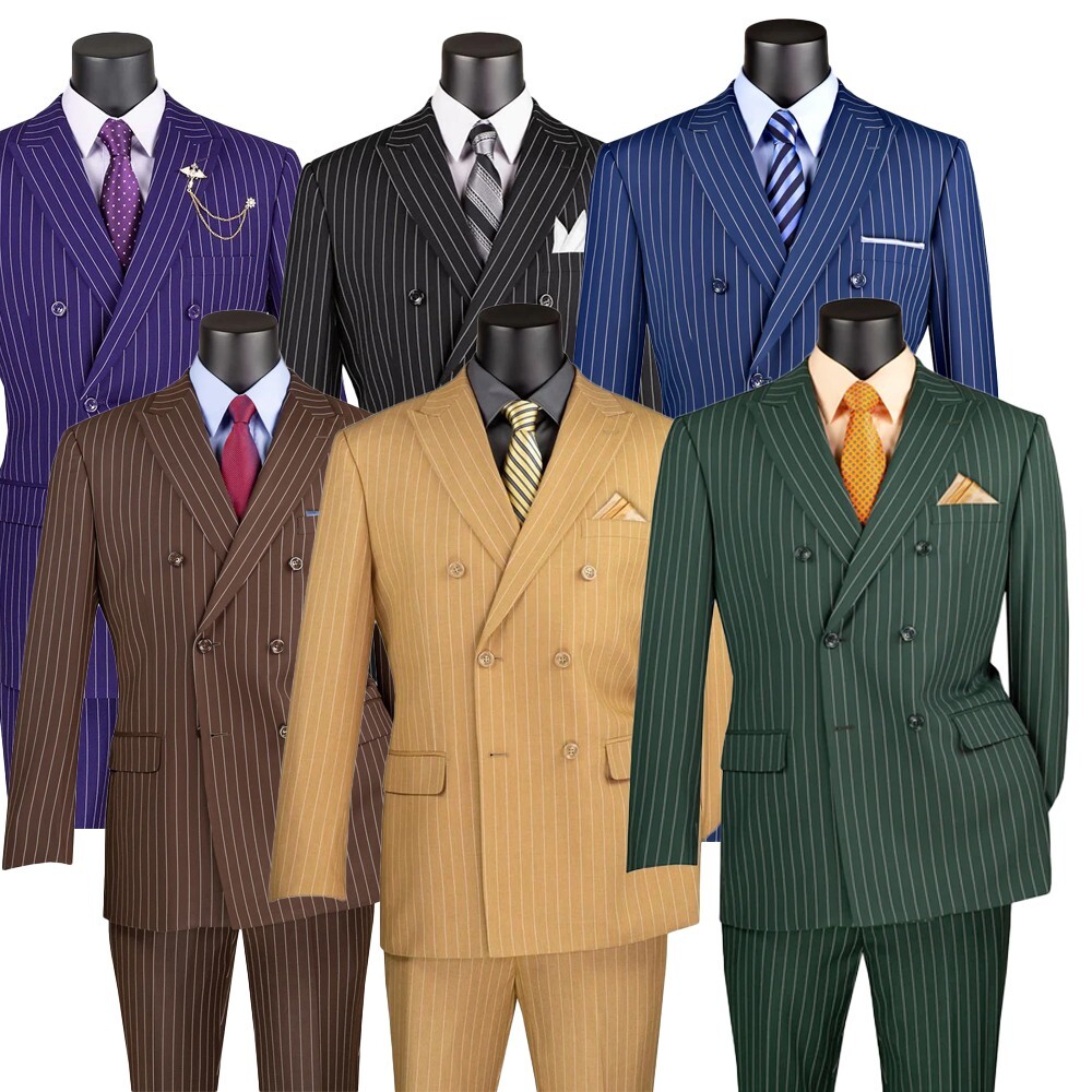 Charcoal Vinci Men’s Wool Feel 6 Button Striped Double Breasted Classic Fit Suit