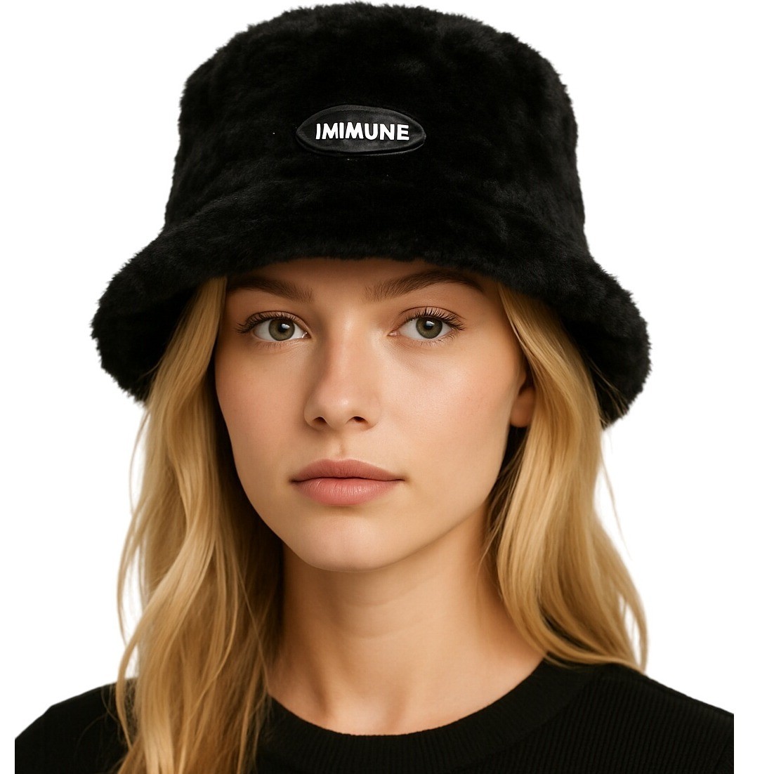 Women’s Black Faux Fur Bucket Hat IMMUNE Patch Winter Warm Fluffy Knit Cap