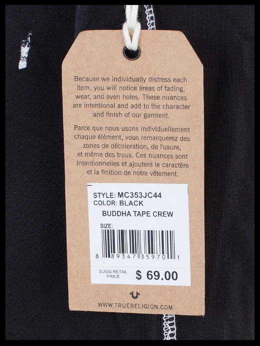$69 TRUE RELIGION Black BUDDHA TAPE Short Sleeve Designer Graphic T-shirt NWT