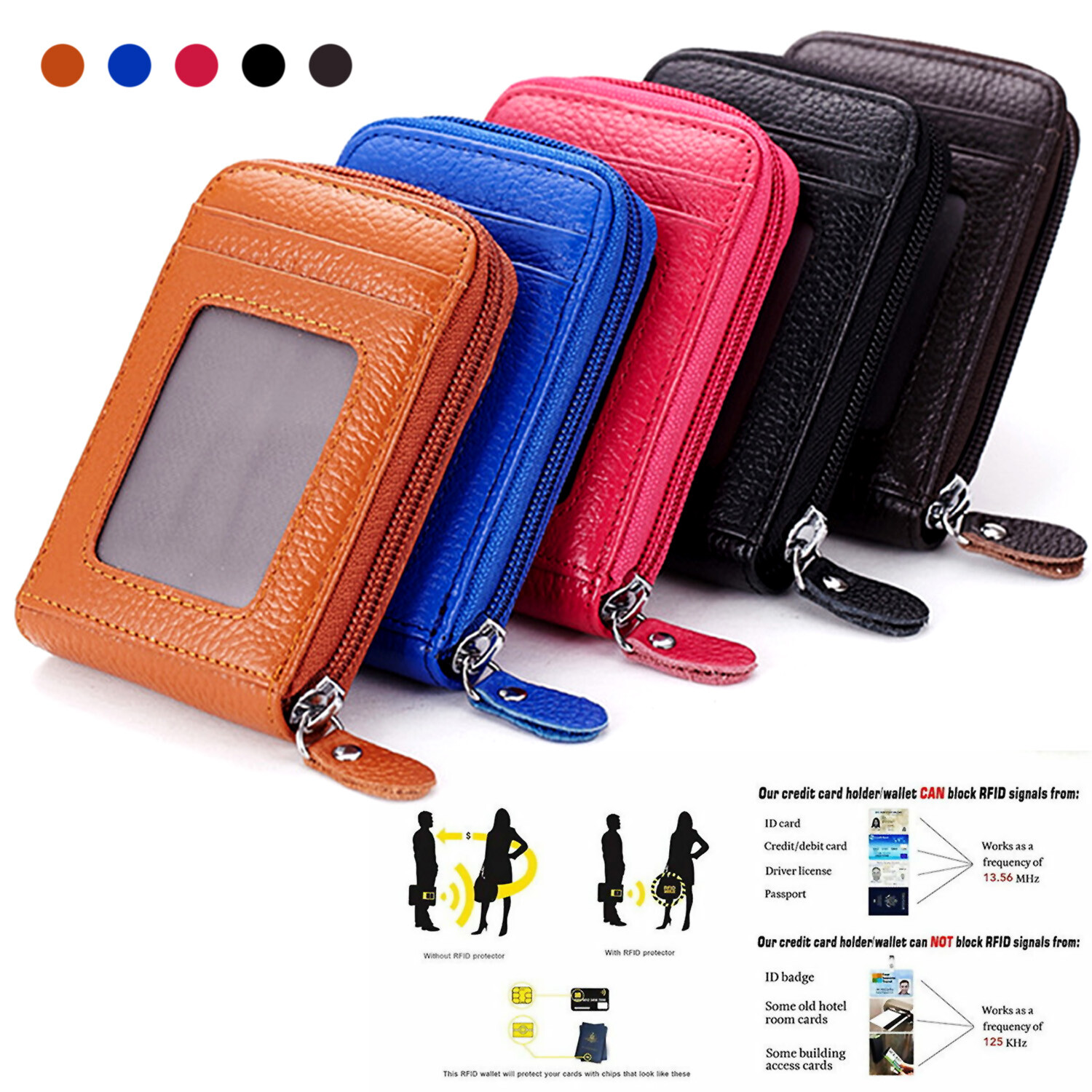 Genuine Leather Men Women Wallet Credit Card Holder RFID Blocking Zipper Pocket