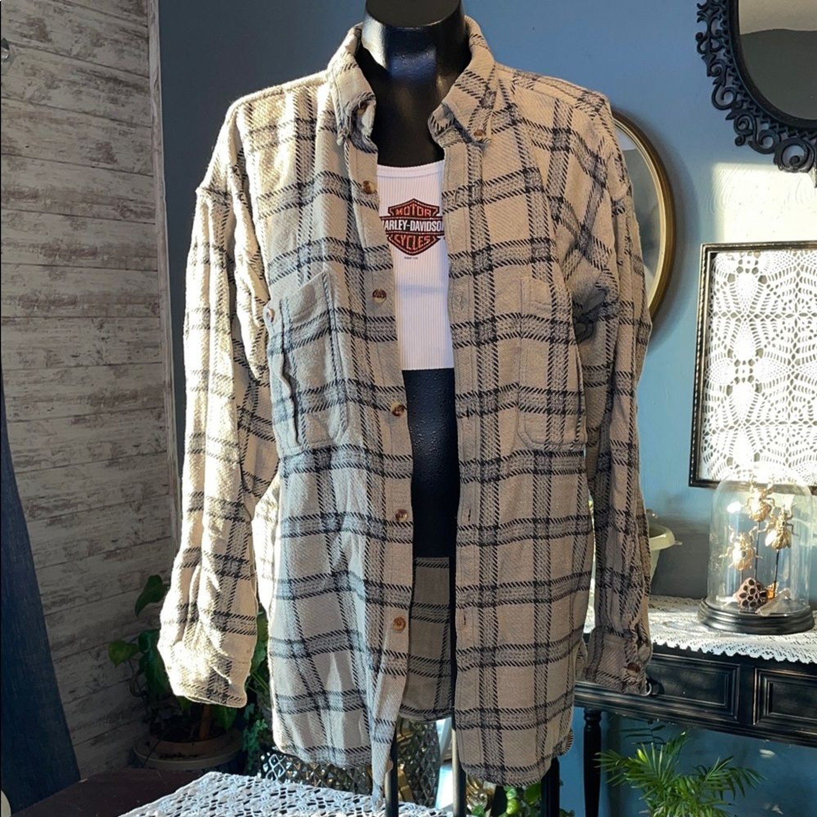 Plaid Button Down Shirt – Cream and Black