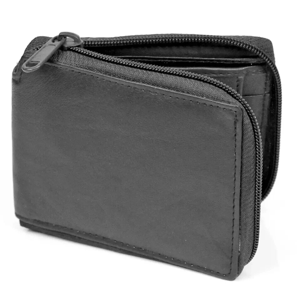 Mens Zip Around Bifold Wallet Genuine Leather Black Id Pocket Credit Card Window
