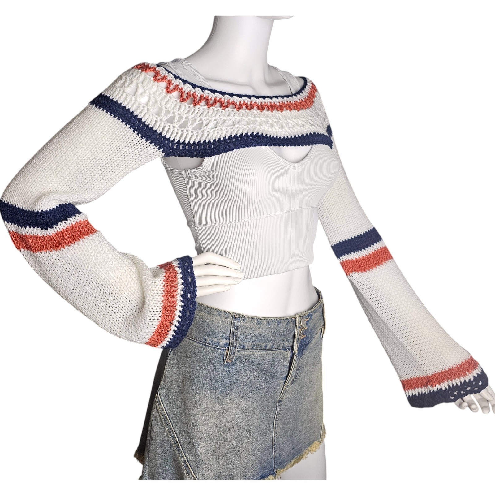 Handmade Crochet Knit Bolero Shrug, White Navy Orange Festival Top Bell Sleeve