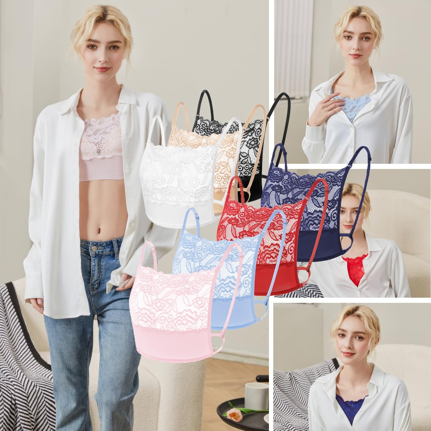 Mock Camisole Bra Insert Overlay Modesty Panel Lady Lace 7 Pcs