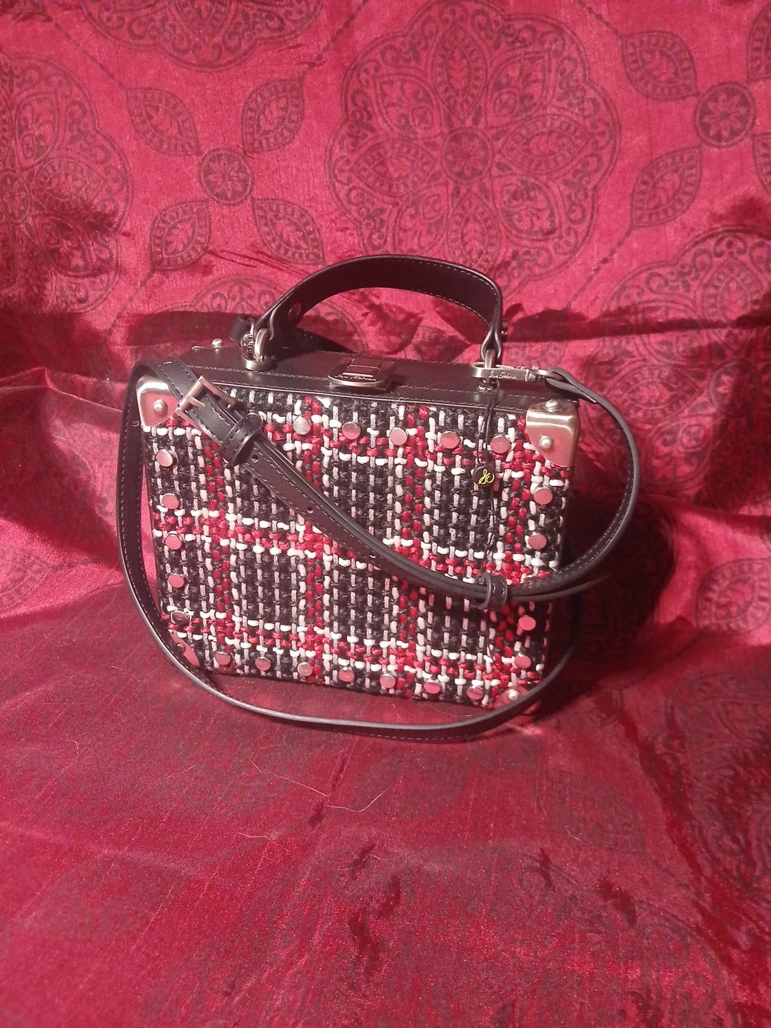 Black Sam Edelman Gracia Plaid Hardcase Crossbody Purse Woven Handbag Tweed