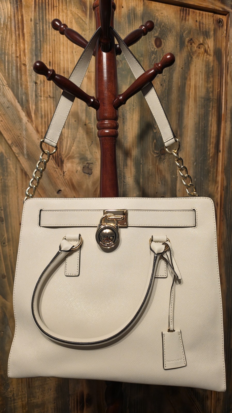 Michael Kors Beige Satchel Top Handle Bag Gold Hardware Zip Padlock w/ Dust Bag